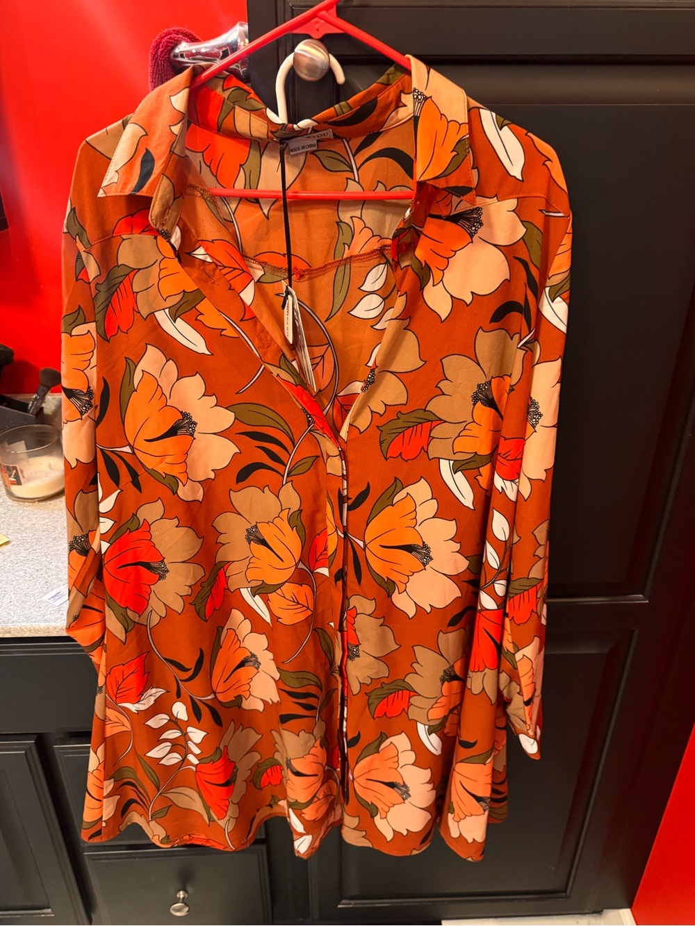 Alice & You Floral Button-Front Long Sleeve Dress - Rust, Orange, Cream, Green